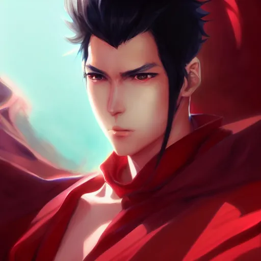 Image similar to anime portrait of a slick black hair guy with red eyes by stanley artgerm lau, wlop, rossdraws, james jean, andrei riabovitchev, marc simonetti, and sakimichan, trending on artstation