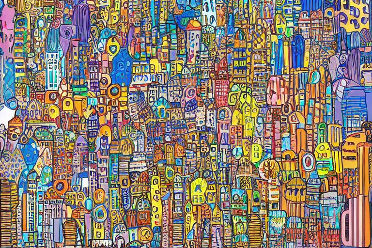 Image similar to an elaborate penned child illustration of a colorful intricate connected city of tubes and pipes, by martin handford and by jan van haasteren