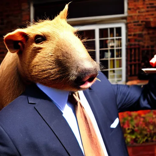 Image similar to smoking cigar, a man wearing a suit capybara head (smoking cigar)