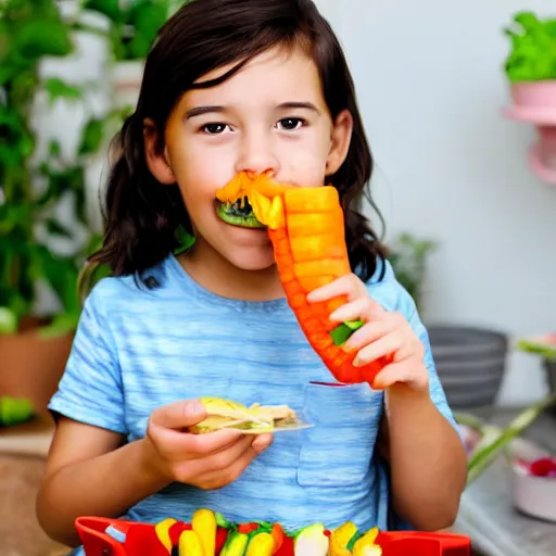 Image similar to kid with long hair and a mustache eating vegetable fried rice
