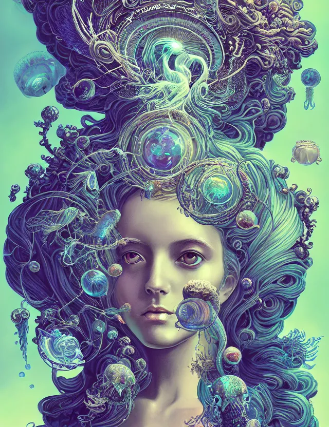 Prompt: goddess macro vintage shouler portrait from bottom to top in crown made of ram skull. betta fish, jellyfish phoenix, bioluminiscent, plasma, ice, water, wind, creature, super intricate ornaments artwork by tooth wu and wlop and beeple and greg rutkowski and alexander fedosav