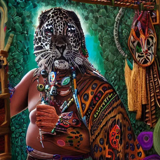 Image similar to an intricated and detailed painting of a shaman turning into a jaguar 4 k render