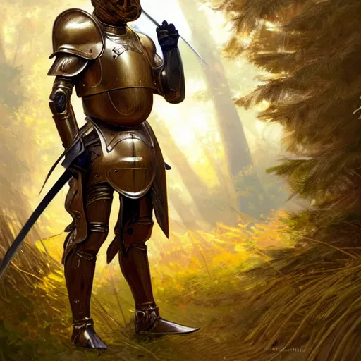 Prompt: photo of a humanoid capybara dressed in armor with a golden helmet on the head, hold sword in the forest, highly detailed, digital painting, artstation, smooth, sharp focus, illustration, art by artgerm and greg rutkowski and alphonse mucha