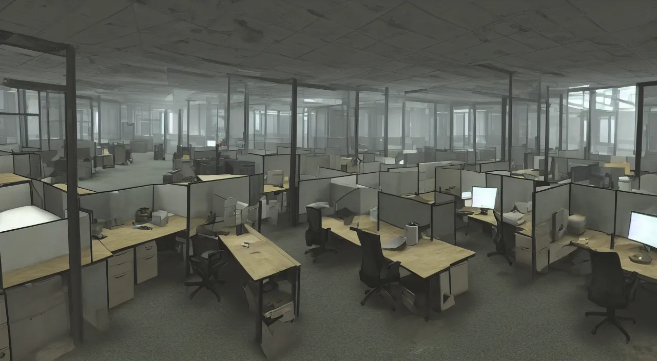 Prompt: An office at 3AM with multiple cubicles and a window that provides a view of the city, Source Engine, Gmod, Half Life 2, Bioshock, Outlast