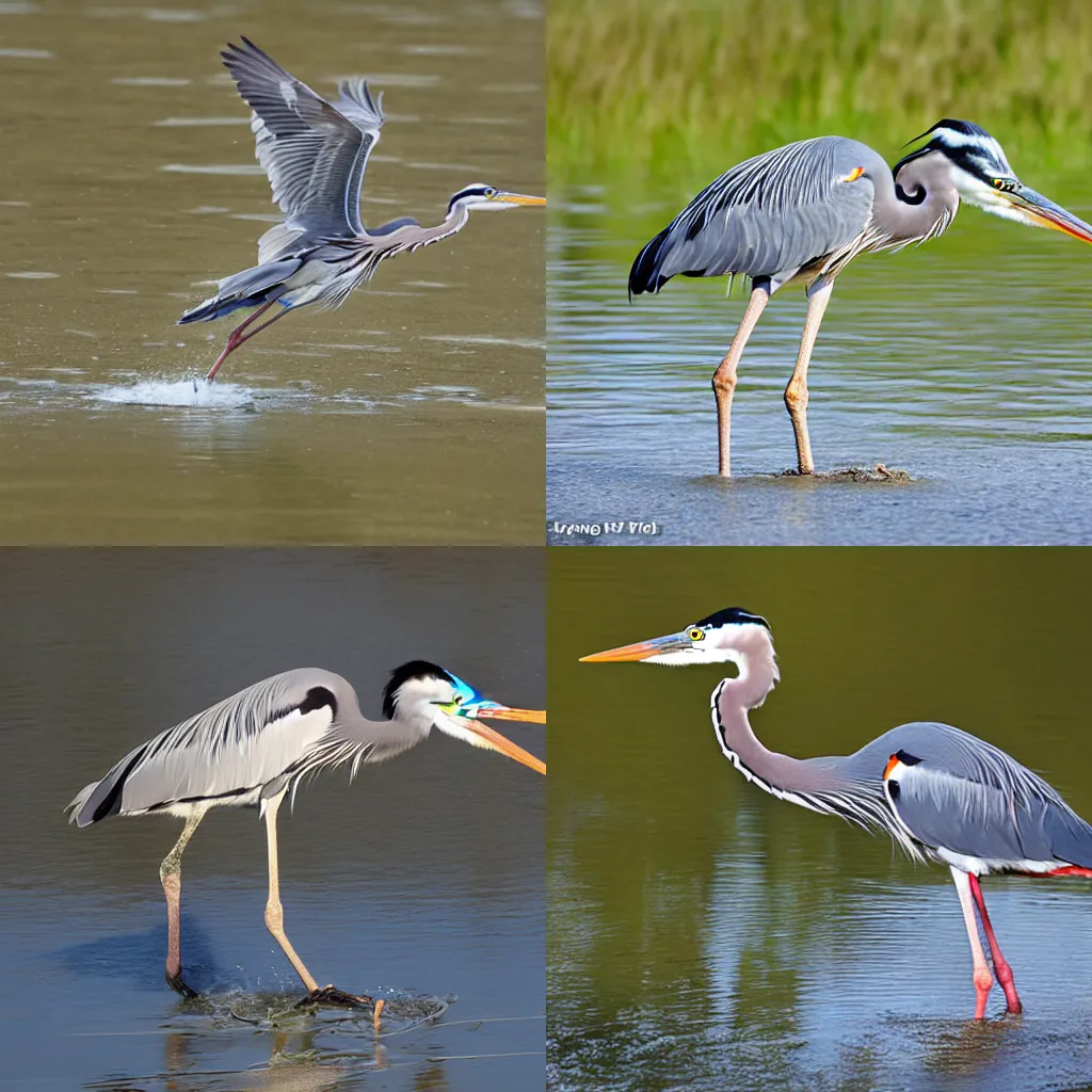 Prompt: grey heron catching kibbeling