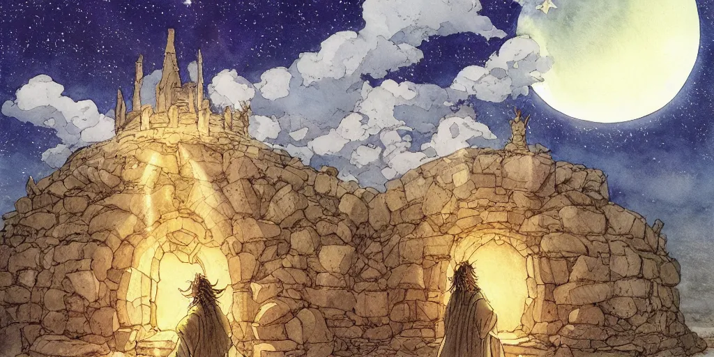 Prompt: a hyperrealist studio ghibli watercolor fantasy concept art of a giant long haired medieval monk with their heads down in lotus position in stonehenge with a starry sky in the background. a giant alien starship from independence day ( 1 9 9 6 ) is floating in the air. by rebecca guay, michael kaluta, charles vess