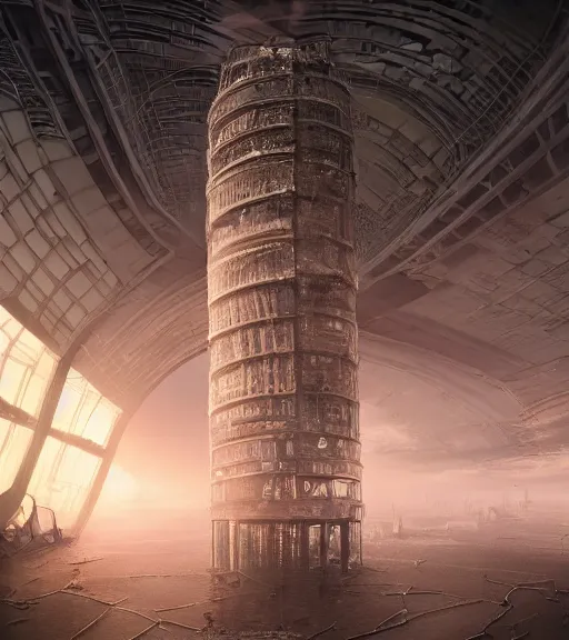 Image similar to tarkovsky greatest scene, aura of the ancient destroyed majestic tower of babylon, geometrieva in futuristic cyber clothing, transparent puffer jacket, hyperealistic, blockchain, cyber world, ambient lighting, concept art, intricate, hyper detailed, smooth, dynamic volumetric lighting, ocatane, ray trace, cinematic, high quality, cgsociety