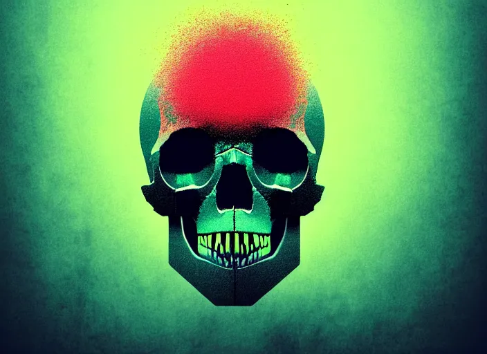 Image similar to portrait of a zombie skull, colorful, modern art deco, mads berg, karolis strautniekas, christopher balaskas, stippled light, fog, moody, fine texture, editorial illustration, dramatic lighting, dynamic composition, detailed, matte print, dynamic perspective, muted color