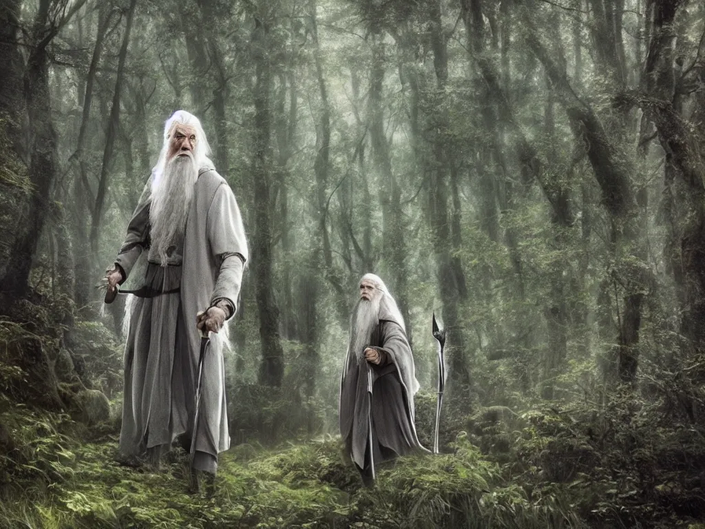 Prompt: Gandalf the Grey travelling in the forest, neo-romanticism, colorful
