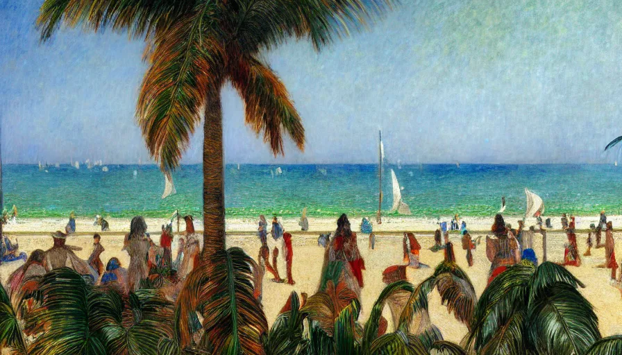 Prompt: a ultradetailed beautiful painting of the amazonas palace balustrade designed by jules bastien - lepage, tarsila do amaral, frank weston and gustave baumann, beach, trending on artstation, mediterranean, palm trees, sharp focus, colorful refracted sparkles and lines, soft light, 8 k 4 k