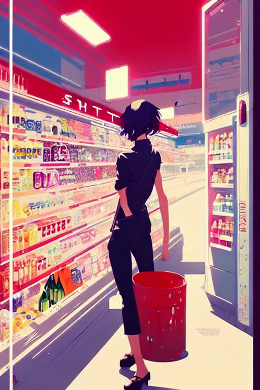 Prompt: a ultradetailed beautiful panting of a stylish woman standing in a convenience store, by conrad roset, greg rutkowski and makoto shinkai trending on artstation