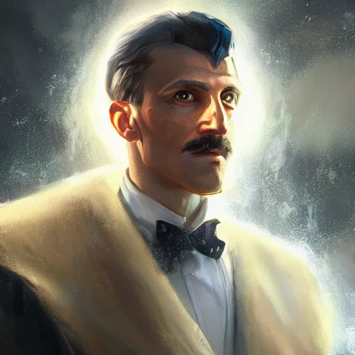 Image similar to portrait of nikola tesla as zeus, league of legends amazing splashscreen artwork, fantasy, splash art, natural light, elegant, photorealistic facial features, intricate, fantasy, detailed face, atmospheric lighting, anamorphic lens flare, cinematic lighting, league of legends splash art, hd wallpaper, ultra high details by greg rutkowski