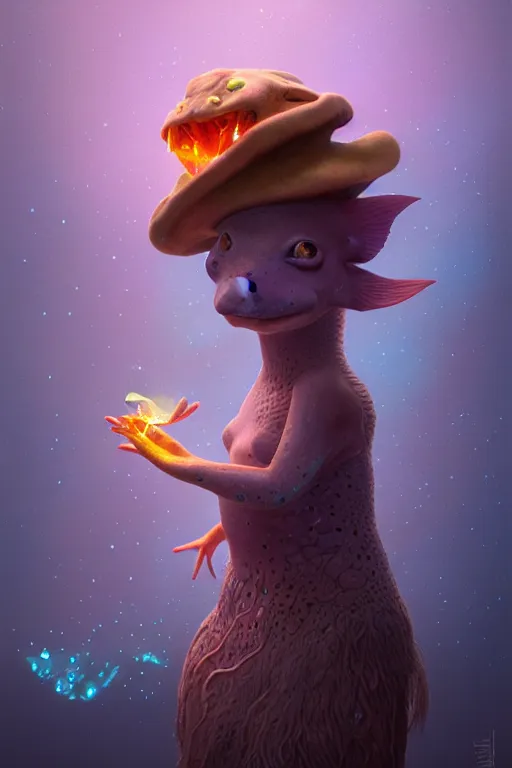 Prompt: Bioluminescent, portrait of axolotl wearing wizard hat, very intricate , trending on artstation , very elegant, in the golden hour by Daniel Merriam, Trending on Artstation, oil on Canvas by Elena Zhurikhina and Goro Fujita and Charlie Bowater, octane render, 4k, 8k, HD