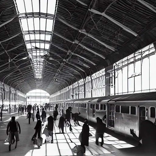 Image similar to an cavernous and expansive train terminal, sun rays coming in through windows, smoky and dusty air, people in a train station, photograph by hal morey, featured on cg society, light and space, volumetric lighting, matte drawing, global illumination