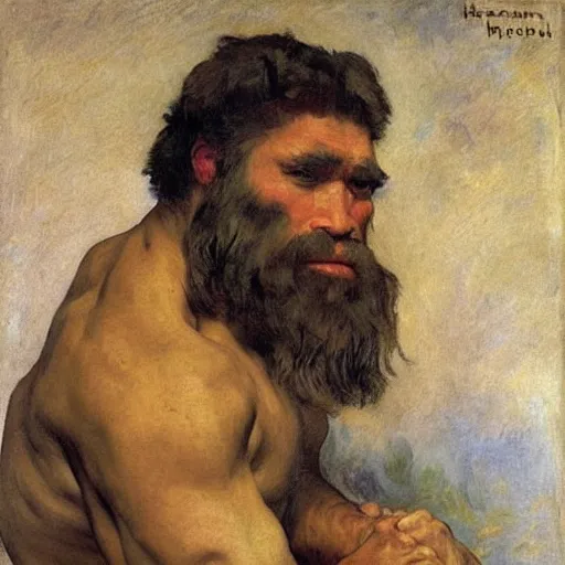 Prompt: portrait of an ancient human species neanderthal muscular rubenesque hairy man, by bouguereau, norman rockwell, ruben, manet, renoir