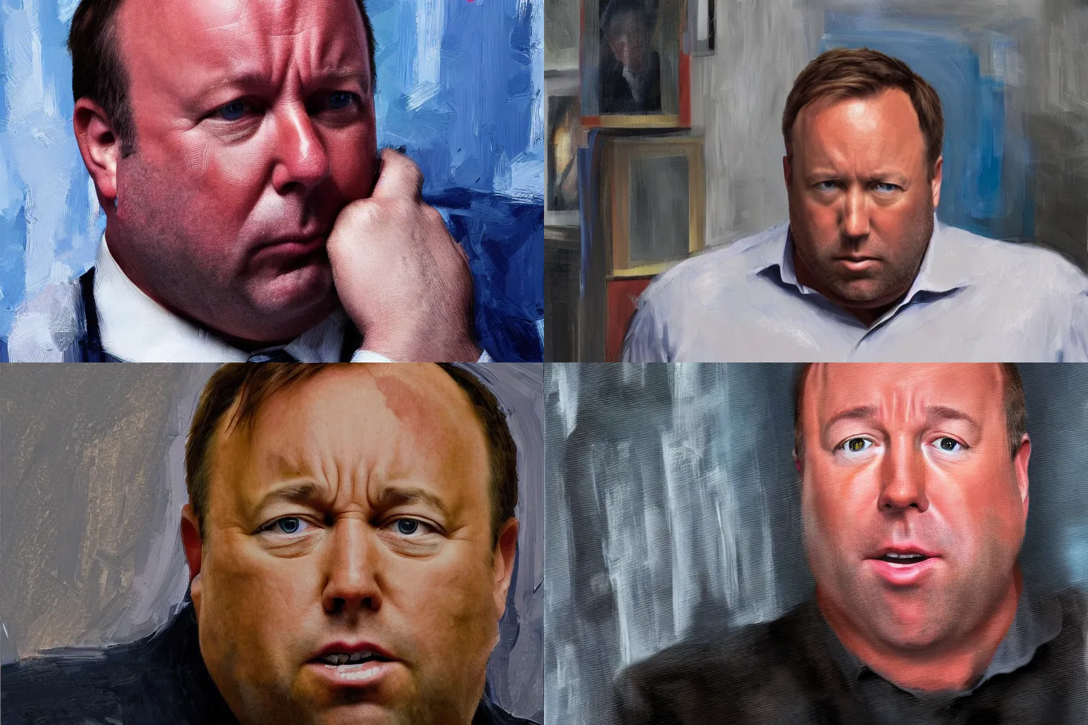 Prompt: expressionist digital oil painting of alex jones looking worried and frightened as his office desk collapses into the void around him