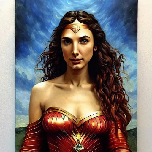 Prompt: Full body oil painting of the beautiful woman Gal Gadot, she is wearing a peplos and a surreal ornate, her hair is natural disheveled, she is approaching heaven over the clouds, naturalism, dramatic lighting, high-detailed oil painting by Ilya Repin, Michelangelo da Caravaggio, William Blake, Alex Grey and Beksinski, trending on Artsation, hystorical painting, naturalism, masterpiece, 4k, 8k,