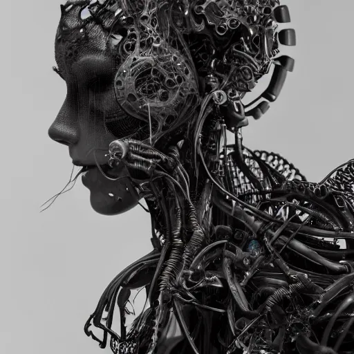 Prompt: a female model by stefan geselle and nekro borja, photorealistic, biomechanical, intricate details, hyper realistic, mechanical, wires, cables headpiece, dark beauty, photorealistic, canon r 3, photography, wide shot, photography, dark beauty, symmetrical features