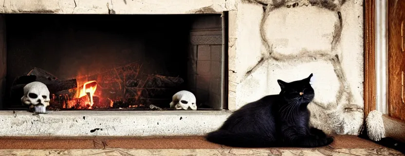 Image similar to a beautiful hairy cat sleeping next to a skull on an old carpet next to a burning fireplace, livingroom with windows and door, night time, 4K, photorealistic, cinematic, moody fireplace lighting, UHD, HDR