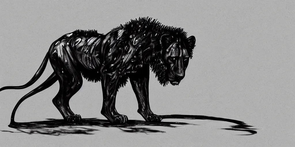 Prompt: the black lioness, made of ferrofluid, in a suburban neighborhood, dripping tar. animal drawing, drawing, environment art