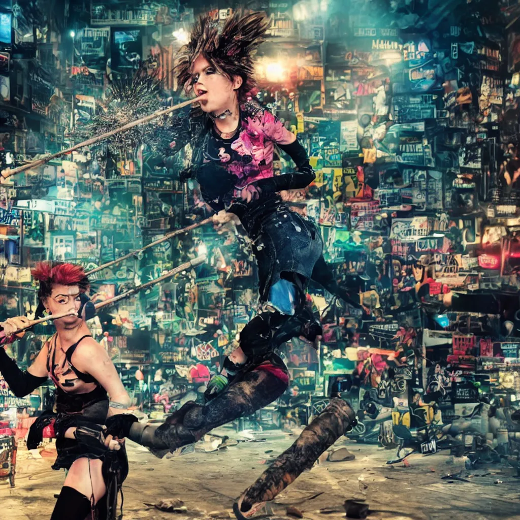 Prompt: extremely detailed picture of a punk girl hitting a crt tv with a spiked baseball bat in the middle of a crowded street, octane render, hdr, 8 k