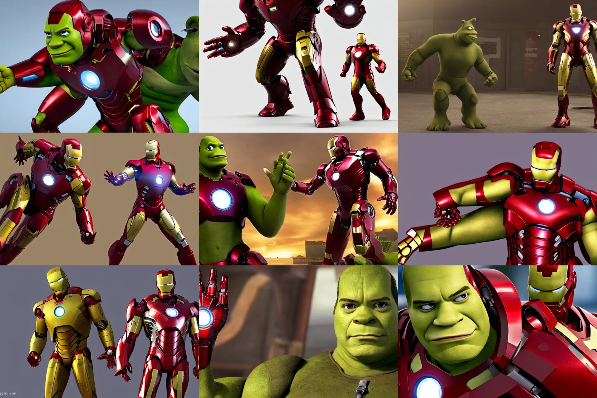 Prompt: a still of the movie iron man with shrek as tony stark. 3 d rendering. very detailed