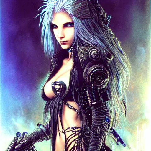 Image similar to an award finning closeup portrait by clyde caldwell and luis royo of a very beautiful and attractive female bohemian cyberpunk traveller aged 2 1 in excessively fashionable cyberpunk gear