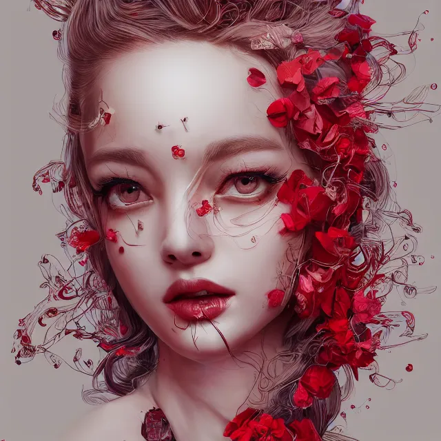 Image similar to studio portrait of an absurdly beautiful, elegant, young hypercolorful sensual gravure idol rubies and red petals, ultrafine hyperrealistic detailed face illustration by kim jung gi, irakli nadar, intricate linework, sharp focus, bright colors, matte, octopath traveler, final fantasy, unreal engine highly rendered, global illumination, radiant light, intricate environment