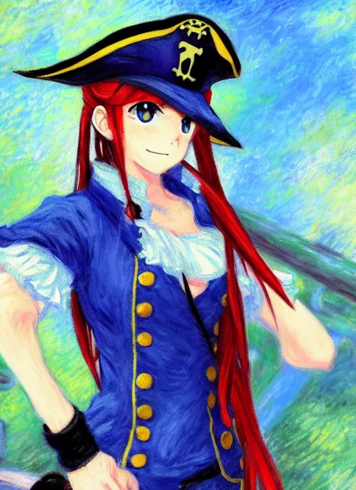 Prompt: a portrait of a female pirate, blue uniform, very anime in impressionist style, anime trending artwork, anime painter studio, by claude monet