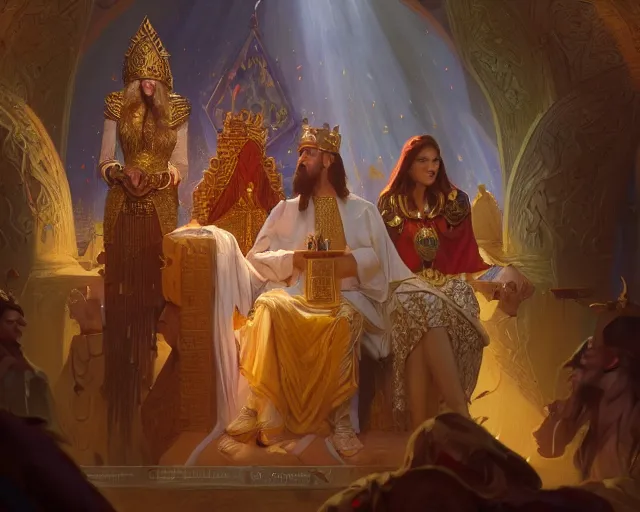 Prompt: king solomon of israel with his 7 0 0 beautiful wives, photography of kurzgesagt, deep focus, d & d, fantasy, intricate, elegant, highly detailed, digital painting, artstation, concept art, matte, sharp focus, illustration, hearthstone, art by artgerm and greg rutkowski and alphonse mucha