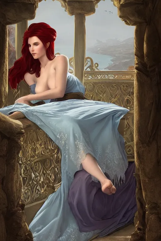 Image similar to a hyperdetailed matte painting of triss merigold as a princess asleep on a bed in a tower, window overlooking cliffs and crashing waves in the background, highly detailed, deep focus, elegant, digital painting, smooth, sharp focus, ultra realistic, 8 k, art by artgerm and alphonse mucha