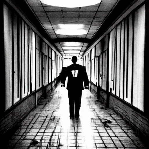 Prompt: man by evil walking the hall. footage of terrifying disfigured persob roaming dark hall, very gory hyperrealistic vivid horror. photographed by dr seuss on instagram in full colour hd hdlr photography by national geographic