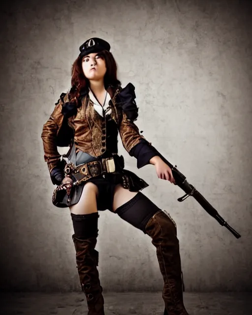 Prompt: Young girl in steampunk clothes, she wears boots and holds a gun, full body shot, sharp focus, photography, very detailed, dark hair, by nikon, by Iphone, 4k