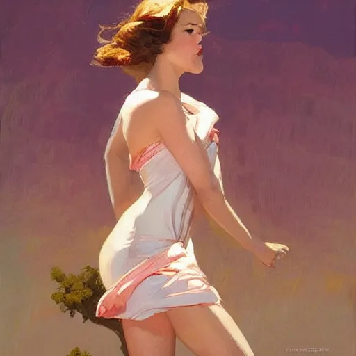 Image similar to an attractive female standing on a cliff, looking out at a pink ocean, by jc leyendecker!! phil hale!, angular, brush strokes, painterly, vintage, crisp