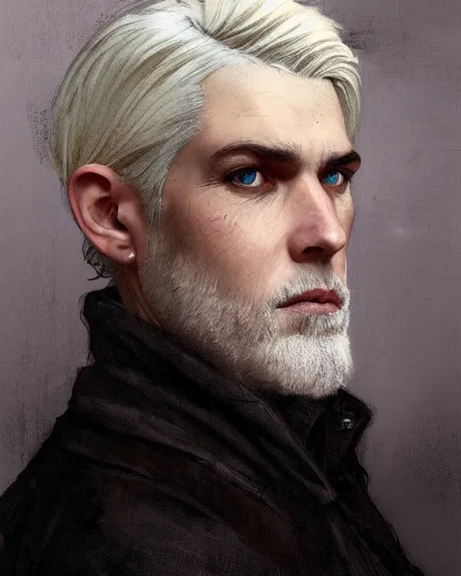 Image similar to portrait of 4 0 - year - old man with white hair with a pale complexion, pointed face and grey eyes, clear smooth face, no beard, wearing all black clothes, haughty facial expression, hyper realistic face, beautiful eyes, close up, fantasy art, in the style of greg rutkowski, intricate, alphonse mucha, hyper detailed, smooth