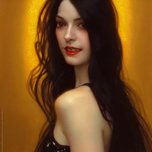 Image similar to portrait of a smiling, beautiful, pale skin eastern european female with long black hair, dark brown eyes, elegant clothing, photorealistic, highly detailed, artstation, smooth, sharp focus, gold ornaments, neon lighting, sci - fi, art by gustav klimt, artgerm, greg rutkowski and alphonse mucha