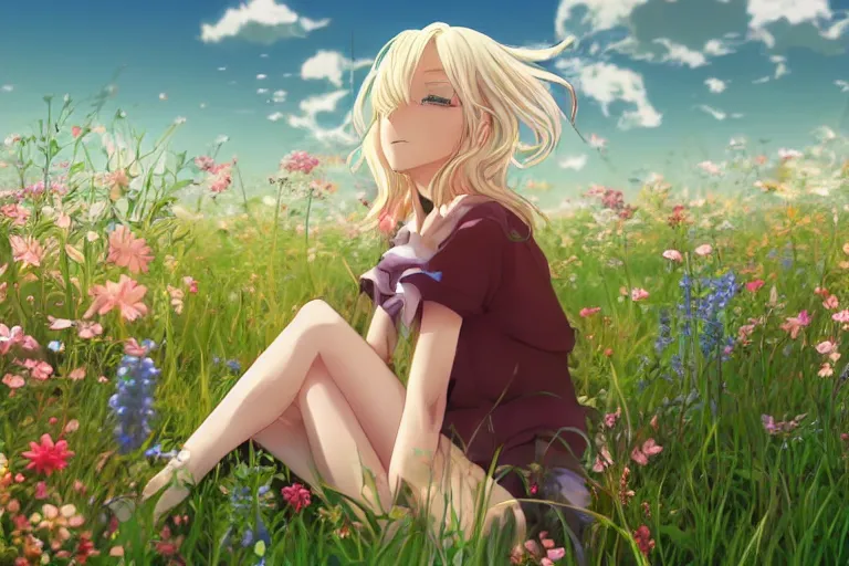 Image similar to beautiful anime transgender blonde girl sitting in a field full of flowers, highly detailed, realistic, dynamic lighting, cinematic, masterpiece, trending on artstation, in the style of studio Ghibli