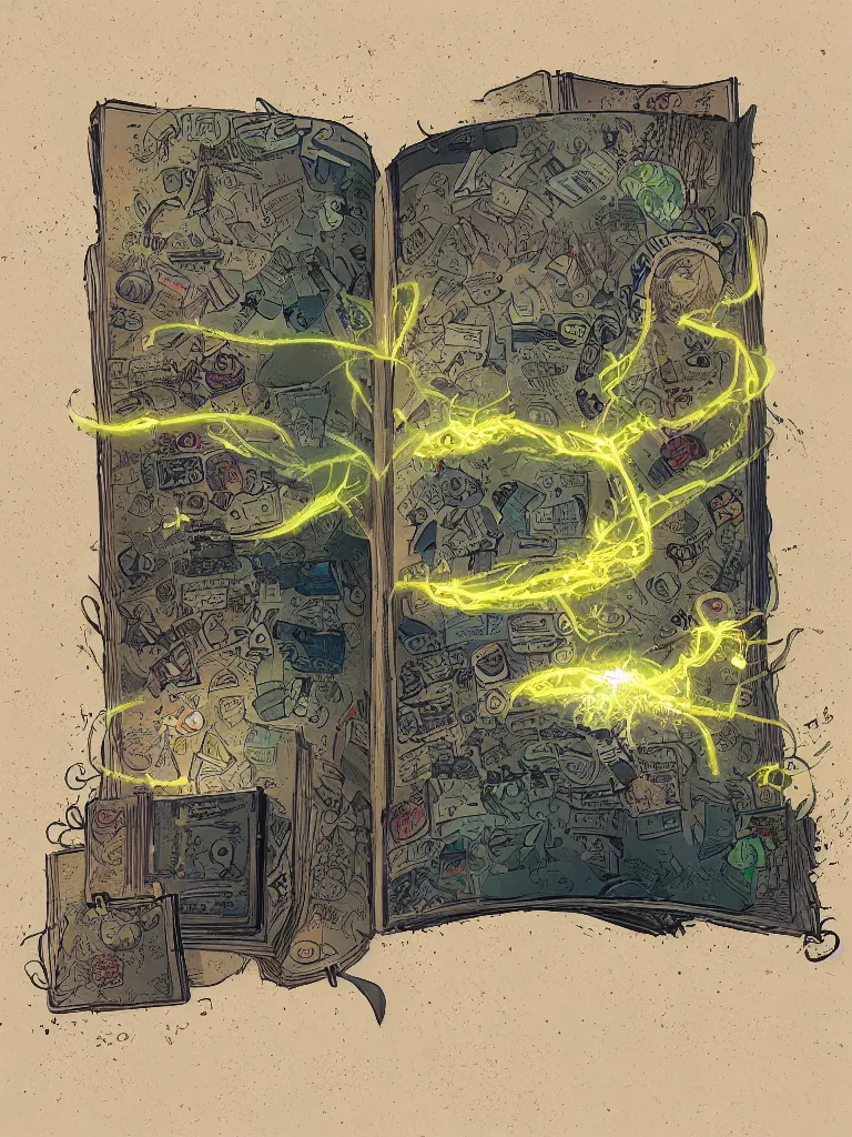 Image similar to open book with words that glow like radioactive potions by disney concept artists, blunt borders, rule of thirds