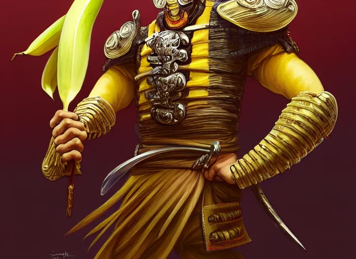 Prompt: a anthropomorphic banana wearing samurai armor, banana, diffuse lighting, fantasy, intricate, elegant, highly detailed, lifelike, photorealistic, digital painting, artstation, illustration, concept art, smooth, sharp focus, art by frank frazetta and marco bucci and loish and rossdraws and artgerm and alphonse mucha