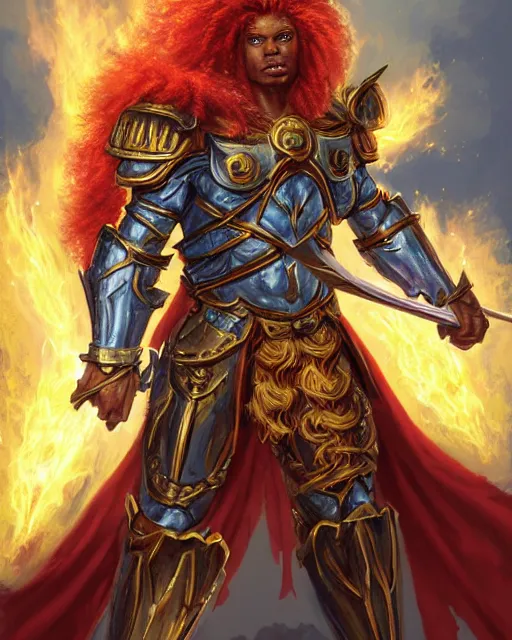 Prompt: mtg character portrait of a brawny male leonin warrior african lion angel of justice, with fiery golden wings of flame, wearing shining armor, wielding a flaming sword and holding a large fiery shield, by peter mohrbacher, mark brooks, jim burns, wadim kashin, greg rutkowski, larry elmore, esao andrews, trending on artstation