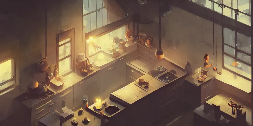 Image similar to minimalistic kitchen dim lit by a candle ripped physique simon stalenhag gerald brom bastien grivet by greg rutkowski, game background, fisheye lens, high angle view, curved lines