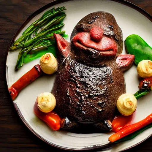 Prompt: roast gnome on a platter, michelin star restaurant, award winning food photography, macro lens