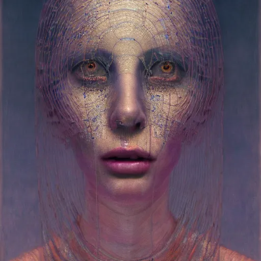 Image similar to portrait of a woman, covered in transparent cloth, plastic, glowing eyes, flat background, Masterpiece, glowing, wires everywhere, by Edgar Maxence and Ross Tran, Zdzisław Beksiński, and Michael Whelan, distant, gustav dore, H.R. Giger, 8k, octane render