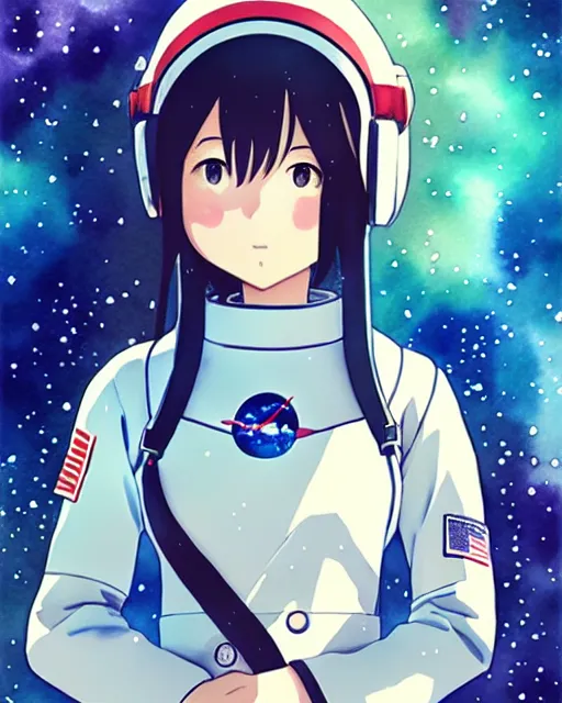 Image similar to oriental water color of a cute thicc astronaut woman, floating through space, backlit, realistic anime, by makoto shinkai and krenz cushart