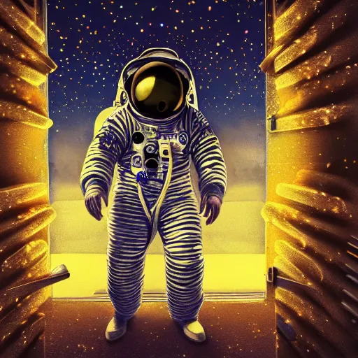 Image similar to 4 k, hyper - realism, distant shot, extra - details, psychedelic astronaut opening door that leads to the universe.