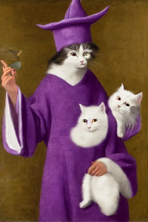 Prompt: a youthful fool in purple robes and a purple jester hat holding a cute fluffy white cat, listening to records on a turntable, oil on canvas, by ambrosius benson