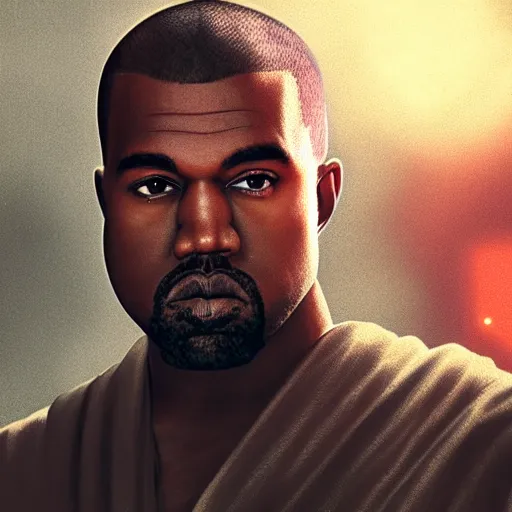 Image similar to Portrait of Kanye West as a jedi in Star Wars, splash art, cinematic lighting, dramatic, octane render, long lens, shallow depth of field, bokeh, anamorphic lens flare, 8k, hyper detailed, 35mm film grain