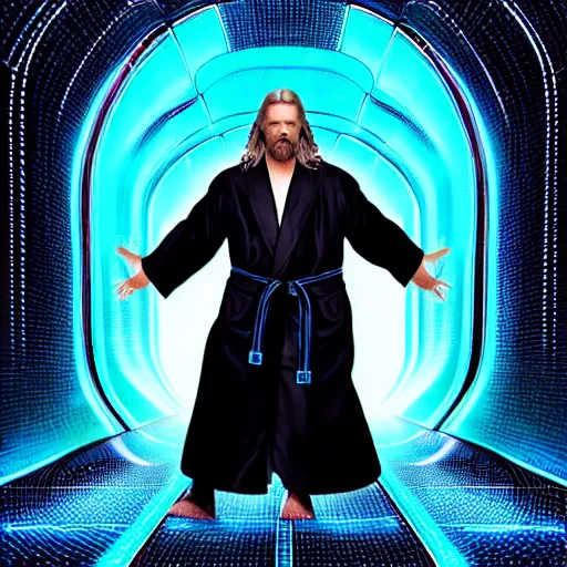 Image similar to dude lebowski dressed in bathrobe played by jeff bridges, stuck in tron realm, photorealistic movie still, detailed 8 k, poster style, high resolution