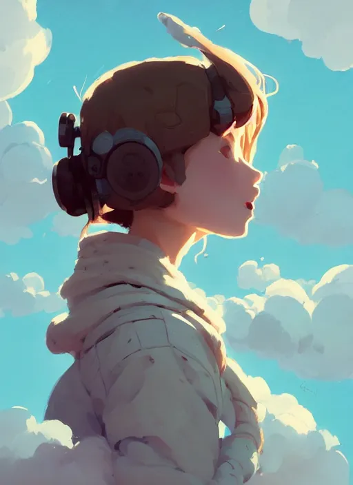 Image similar to portrait of cute maiden girl cowered, cloud sky background, by atey ghailan, by greg rutkowski, by greg tocchini, by james gilleard, by joe gb fenton, by kaethe butcher, dynamic lighting, gradient light blue, brown, blonde cream and white color in scheme, grunge aesthetic