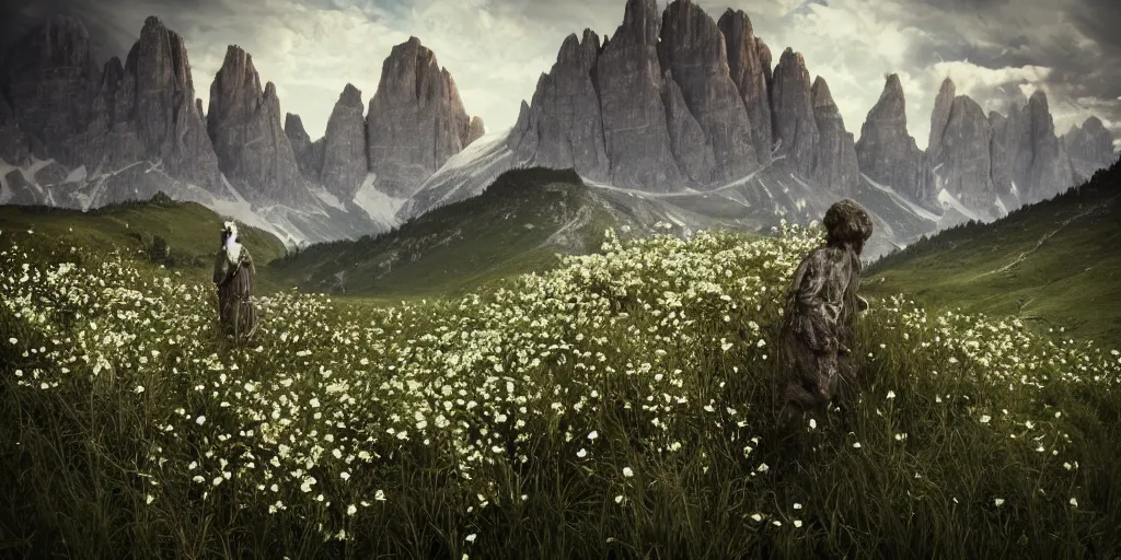 Prompt: old famer being overgrown by edelweiss, dolomites in background, dark, eerie, despair, portrait photography, artstation, digital art, adward winning, concept art, artstation, highly detailed, sharp focus, by caravaggio